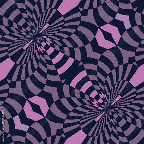 Full Seamless psychedelic vortex pattern. Deep purple print with cosmic pulse. Feels like modern ethnic textile. Boho festival background for clothing, scarves, and accessories.