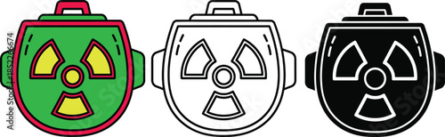 Three radiation hazard symbols in green yellow and black with red border on white background