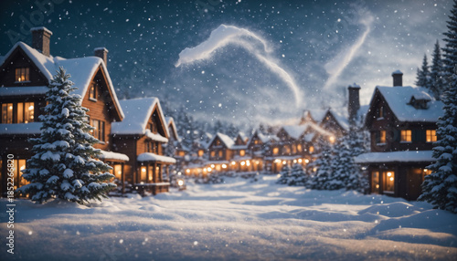 Village in Snowfall with Warm Illuminated Windows — Cozy Winter Evening