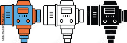 Three retro cameras with different colored bodies and lenses standing side by side vintage