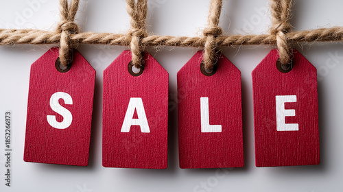 Bright red sale tags hang from twine, boldly displaying the word SALE against a clean white background, signaling exciting discounts and offers.