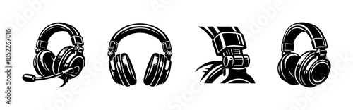 Headphone collection, audio, headset designs, flat vector illustration