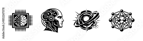 Artificial intelligence icons, neural network, brain chip, flat vector illustration