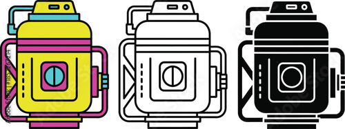 Three retro vacuum cleaners in yellow black and white with colorful accents and tubes