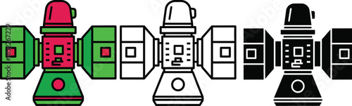 Three robots in green red and black colors standing in a row with different facial expressions