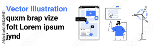 Digital communication, education, teamwork, eco energy, mobile tech, future innovation. Smartphone displaying messaging apps, a man presenting ideas a wind turbine. Digital communication