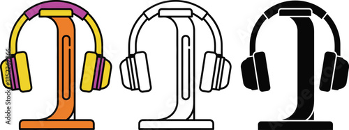 Three stylized headphones with colorful and monochrome on a white background audio equipment