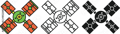 Three stylized satellite with red green and black color schemes space technology