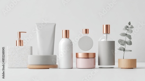 Modern white cosmetic bottles with copper details on marble surface in minimalist spa product scene