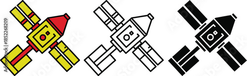 Three stylized space station in yellow red black and white style satellite