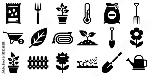 Silhouette vector garden tools and plant icons