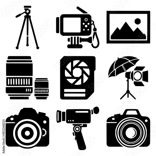 Silhouette vector icons of photography gear: tripod, cameras, lenses, memory card and studio lighting