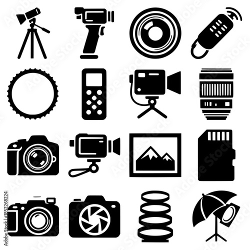 Grid of Photography Equipment Silhouette Icons in Vector Style