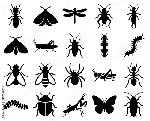Grid of Black Insect Silhouettes in Vector Illustration