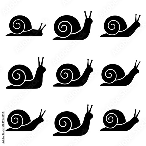 Nine snail silhouettes with spiraled shells arranged in a 3x3 grid on a plain white background