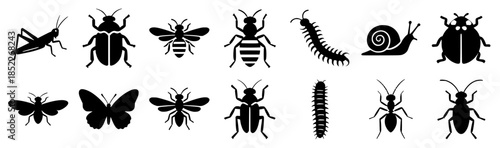 Line of black insect silhouettes in vector style on a white background