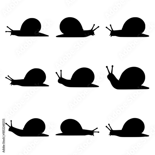 Row of Black Silhouette Snails in Flat Vector Illustration