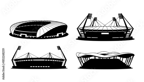 Four Silhouette Stadiums in a Monochrome Vector Illustration