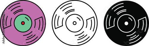 Three vinyl records with purple green black and white colors and abstract patterns disc