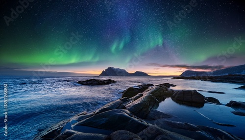 Aurora Borealis On The Night Sky Above The Sea