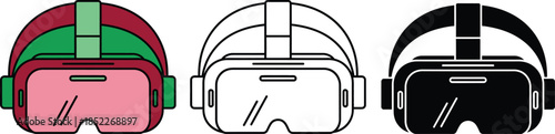 Three virtual reality headsets in red green black and white colors VR headset head-mounted display