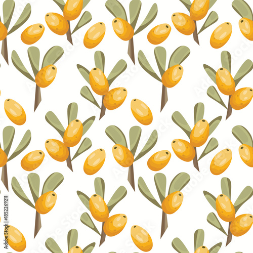 Seamless pattern with sea buckthorn. Natural fresh ripe tasty berries. Vector illustration for background, packaging, textile, fabric and various other designs.