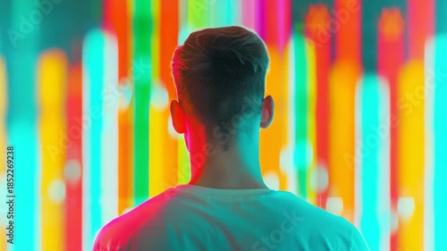 Rear View: A man stands before a vibrant, blurred backdrop, his silhouette a contrast to the colorful display. It invites contemplation on the subject's perspective.