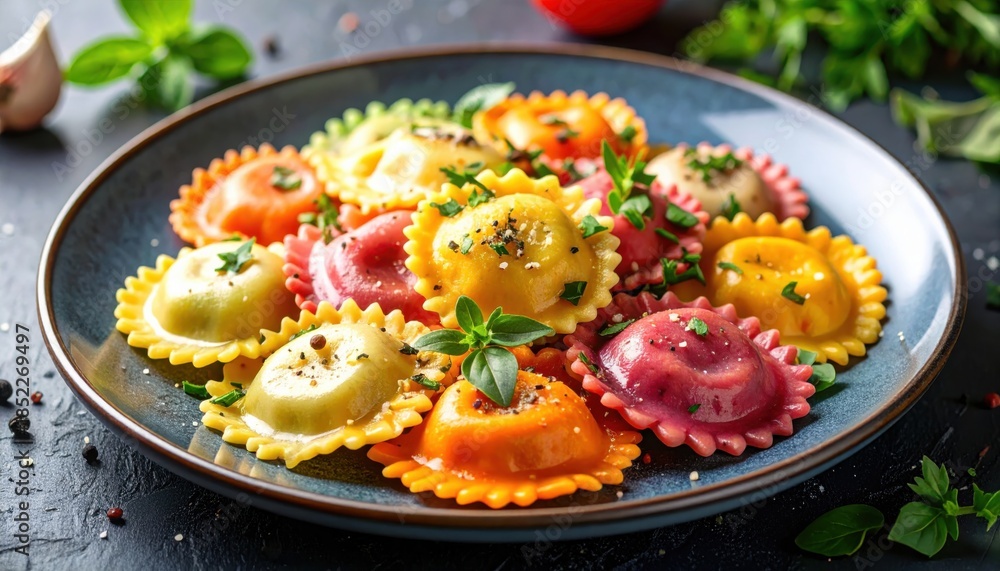 Fototapeta premium Plate of colorful homemade ravioli pasta with fresh herbs and pepper, gourmet Italian cuisine, vegetarian dinner, restaurant style food and rustic table setting.