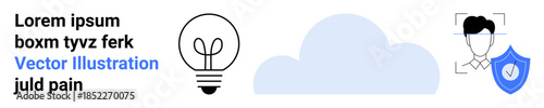 Innovation, cloud technology, cybersecurity, online identity, data privacy, secure access. Lightbulb, cloud icon and human face scan with a shield. Innovation and cloud technology concept