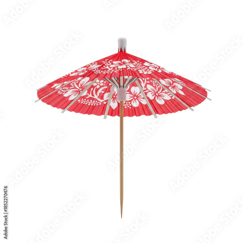 single, intricate scarlet rice paper cocktail umbrella on a natural wood stick, macro shot, isolated on a transparent high-key background. concept of tropical summer vacation and leisure