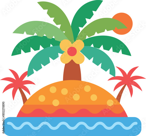 Caribbean island with minimalistic mexican patterns and 3 palms in ocean (kids vector)
