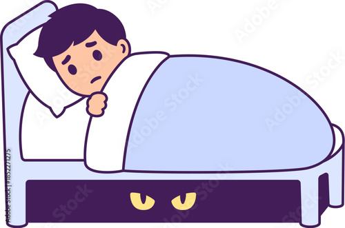 Little boy can't sleep, scared of monster under his bed. Childhood fears, bedtime anxiety. Cute cartoon vector illustration.