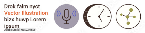 Communication, time tracking, connectivity, digital networking, broadcasting, and scheduling. Microphone icon, analog clock and connected nodes are . Communication and connectivity concept