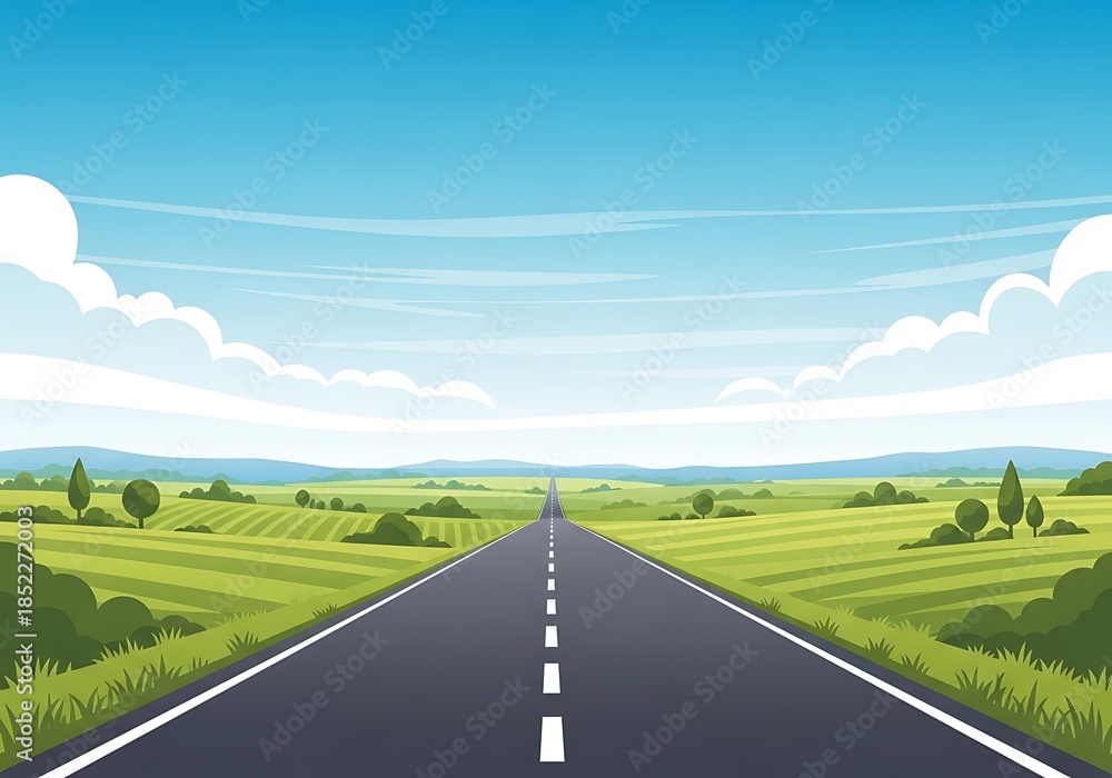 Fototapeta premium Rural horizon with open road and endless fields, vector illustration