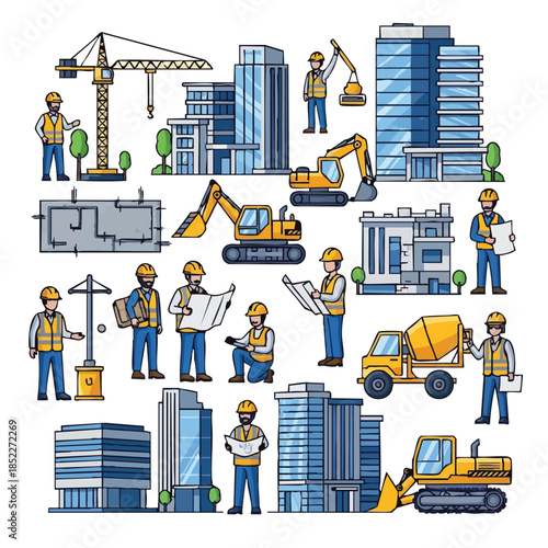 Construction workers building city skyscrapers.