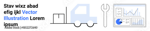 Truck with a box, wrench as a tool, and analytics dashboard with graphs and pie chart. Ideal for logistics, supply chain, transportation, maintenance, analytics, optimization simple landing page