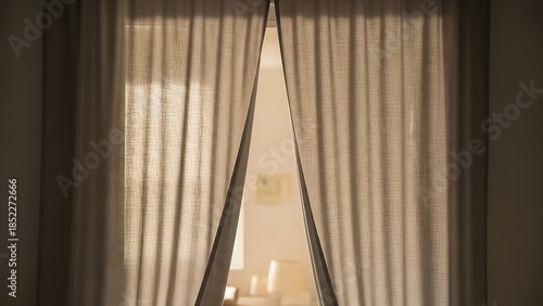 Elegantly parted fabric curtains with a soft luminance peek indoors