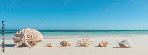 Seashells on Sandy Shores: A row of delicate seashells, including starfish and coral, gracefully lined up on soft sands.