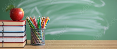 Back to School Essentials: A stack of textbooks topped by a vibrant red apple and a collection of colored pencils on a wooden desk. a vivid scene against a blurred blackboard, symbolizing knowledge.