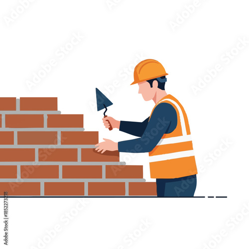 Bricklayer building wall with trowel and safety gear.