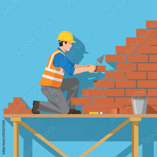 Construction Worker Building Brick Wall on Scaffolding.