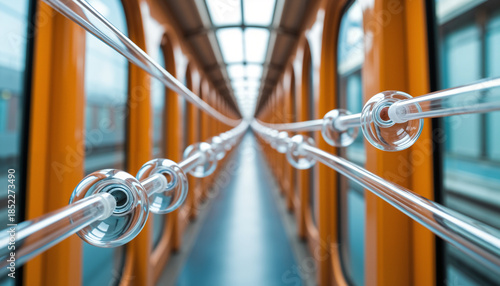 Transparent railing in modern corridor with orange accents  