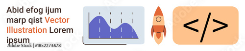 Data analytics, education, programming, innovation, technology, startup growth. A graph, rocket and coding symbol. Data analytics and programming concepts for technology and education