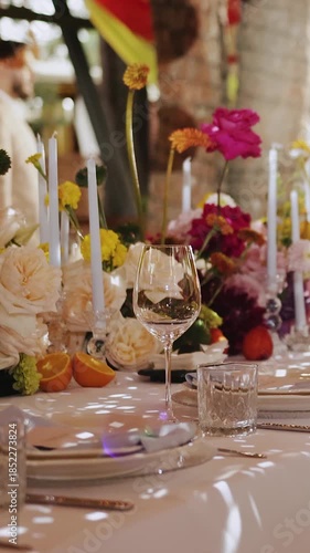 Vertical video. Refined wedding table with candles and flowers, Stylish wedding decorations featuring candles