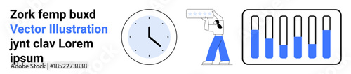 Clock indicating time, clipboard in hand for note-taking, and data bars highlighting progress. Ideal for productivity, task tracking, project planning, workflow, time management, organization