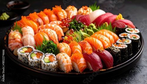 Large assorted sushi and sashimi platter on black plate with chopsticks, perfect for Japanese restaurant advertising, delivery services and Asian cuisine promotions.