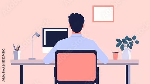 Minimalist flat illustration of a professional man working on a laptop at a modern home desk, with office supplies, lamp, clock, and plant, remote work concept