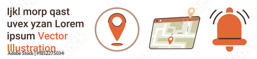 GPS tracking, location services, navigation technology, map usage, alerts, digital interfaces. A map with a pin and a notification bell. GPS tracking and location services concept