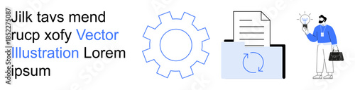 Innovation, workflow optimization, creative thinking, problem-solving, team collaboration, efficiency. Gear, document lightbulb with person. Innovation and workflow optimization concept