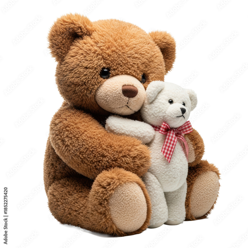Obraz premium large brown fluffy teddy bear hugging a small white plush bear with a gingham bow, sitting on a reflective white surface under soft studio light. concept of comfort and love